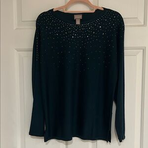 Chico's Dark Green/Teal Embellished Long Sleeve Sweater